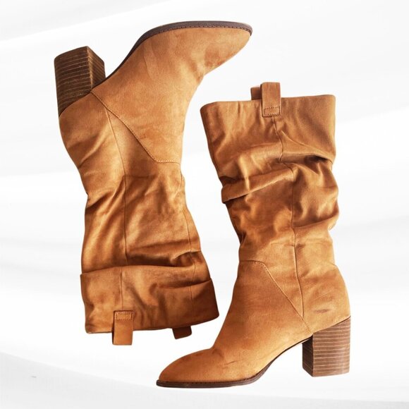 Report Tariq Tall Shaft Faux Suede Bootie Tan Block Heel Slip On/Pull Tab Size 9 - Picture 8 of 16